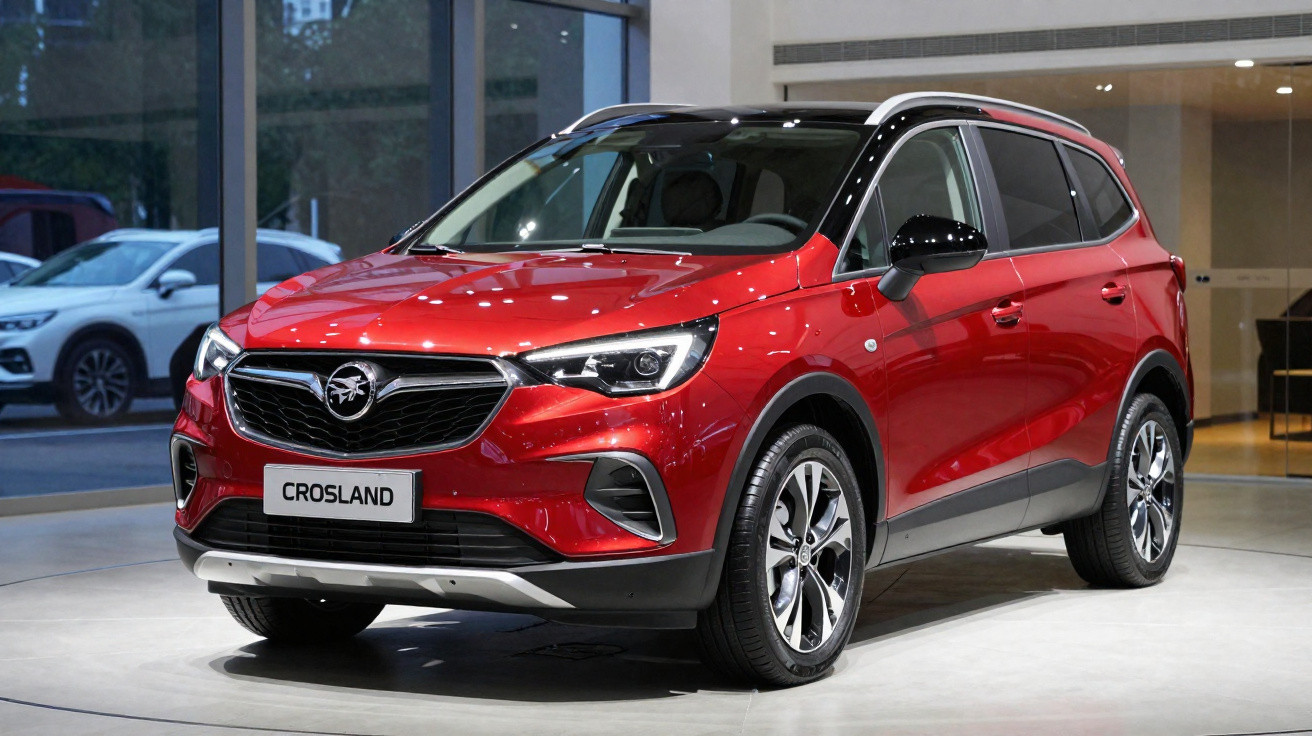 Roter Opel Crossland SUV in einem Autohaus, Front- und Seitenansicht, beleuchtet und geparkt.