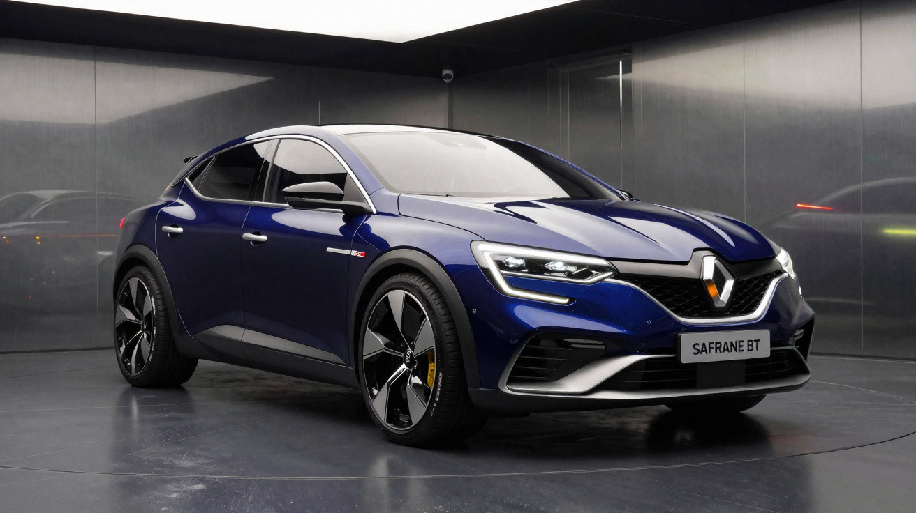 Dunkelblauer Renault Safrane BT Parkplatz in moderner Garage mit glatten Wänden und Boden.