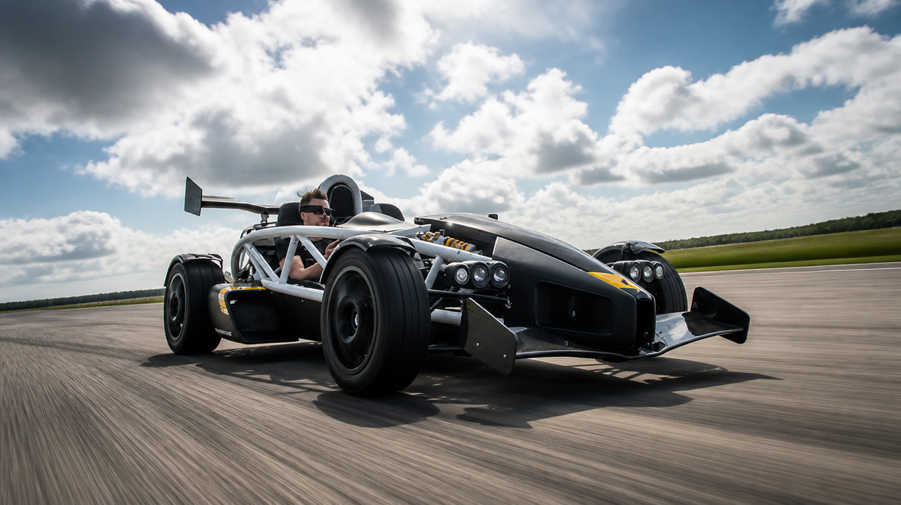 Schwarzes Ariel Atom Sportauto fährt schnell auf offener Rennstrecke bei bewölktem Himmel.