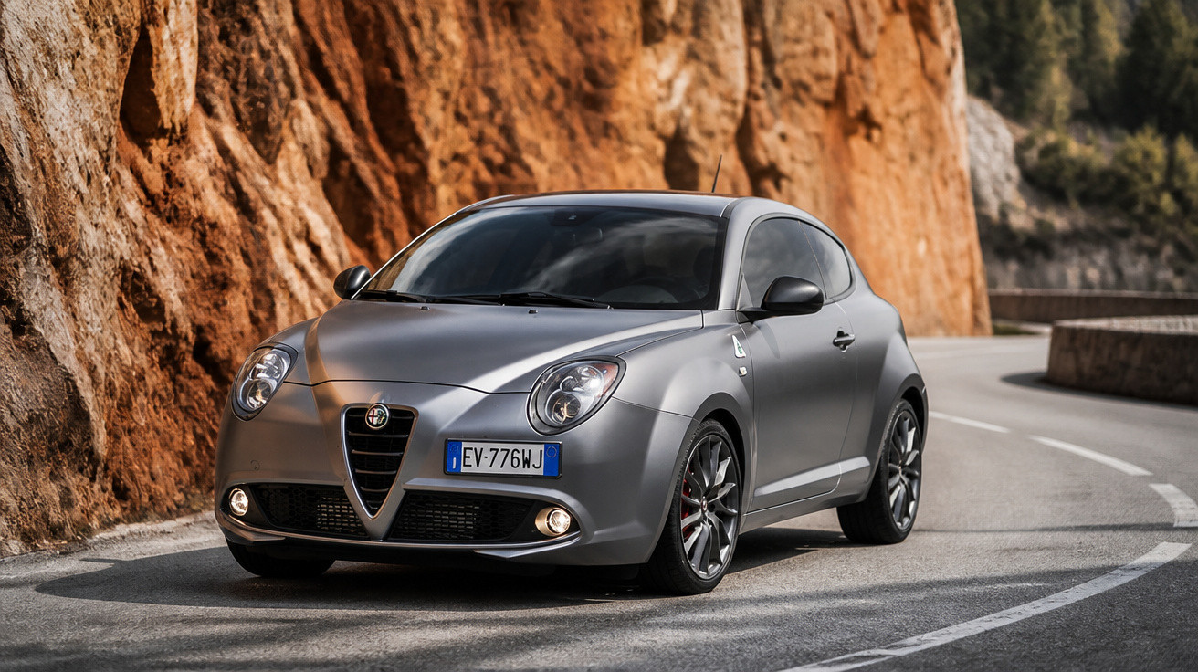 Silberner Alfa Romeo Kleinwagen auf kurviger Bergstraße mit Felswand im Hintergrund.