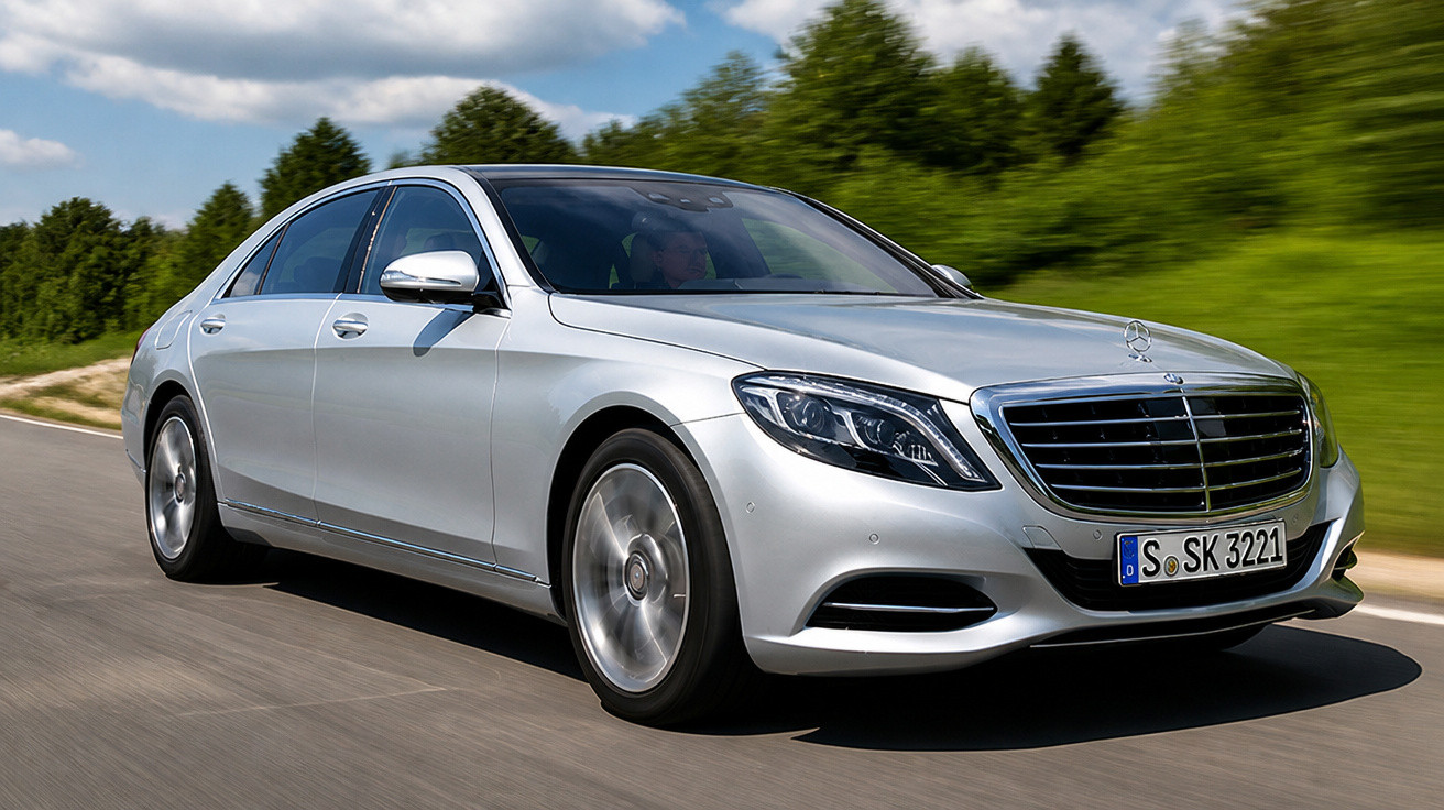 Silberner Mercedes-Benz Luxuswagen fährt auf Landstraße bei sonnigem Wetter mit Bäumen im Hintergrund.