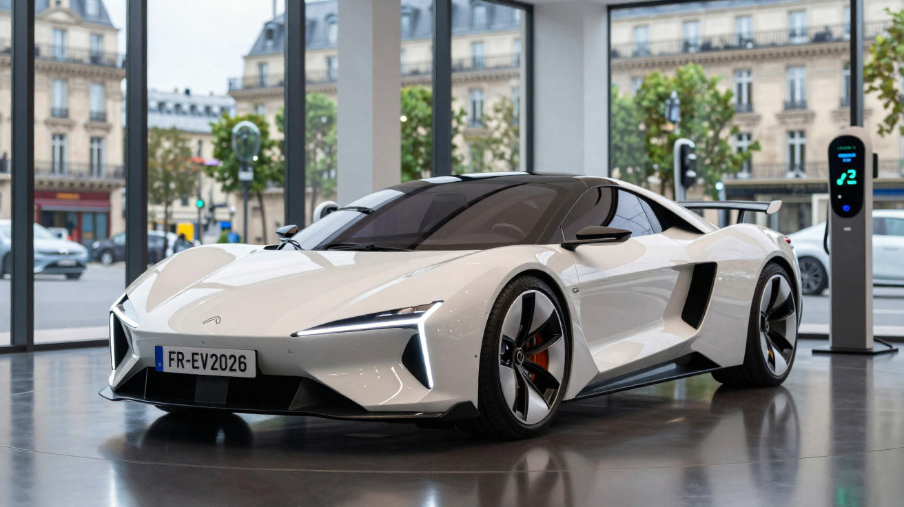 Weißer Elektro-Sportwagen mit futuristischem Design in einem modernen Showroom vor großen Fenstern.