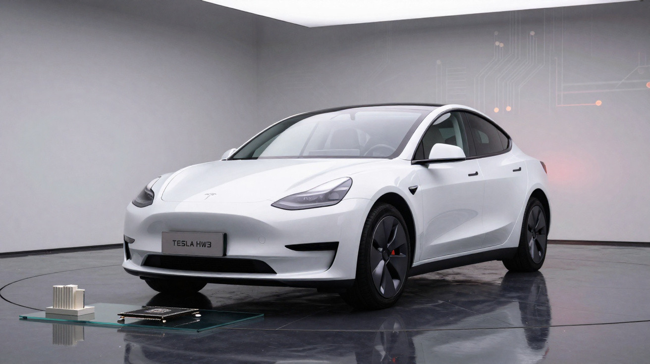 Weißes Tesla Model 3 Elektroauto in minimalistischer Ausstellung mit Spiegelboden und moderner Beleuchtung.