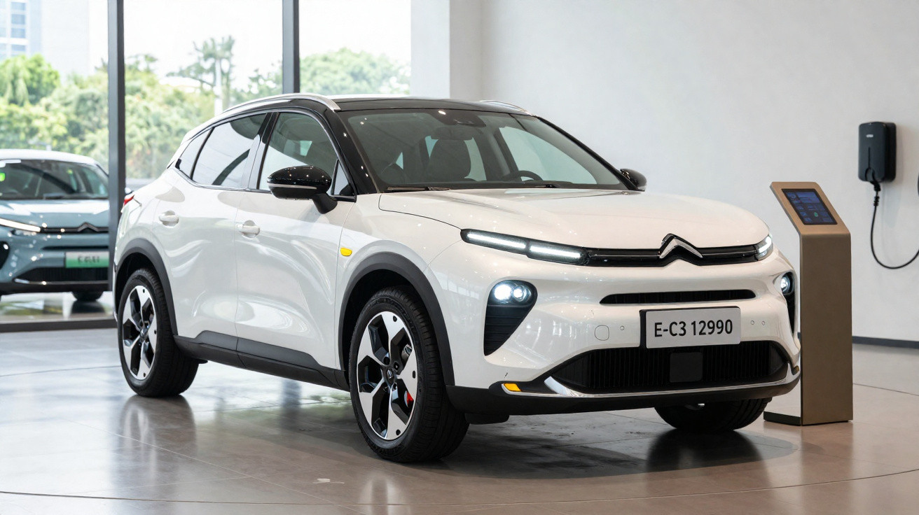 Weißer Citroën C3 Elektro-SUV im Innenraum neben Ladestation, modernes Design und LED-Scheinwerfer.
