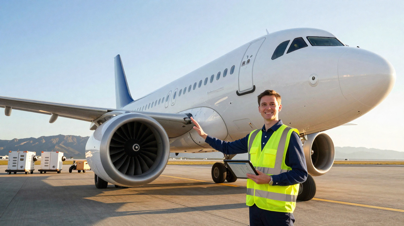 Techniker im gelben Sicherheitsweste steht lachend vor einem Flugzeug auf dem Flughafenrollfeld.