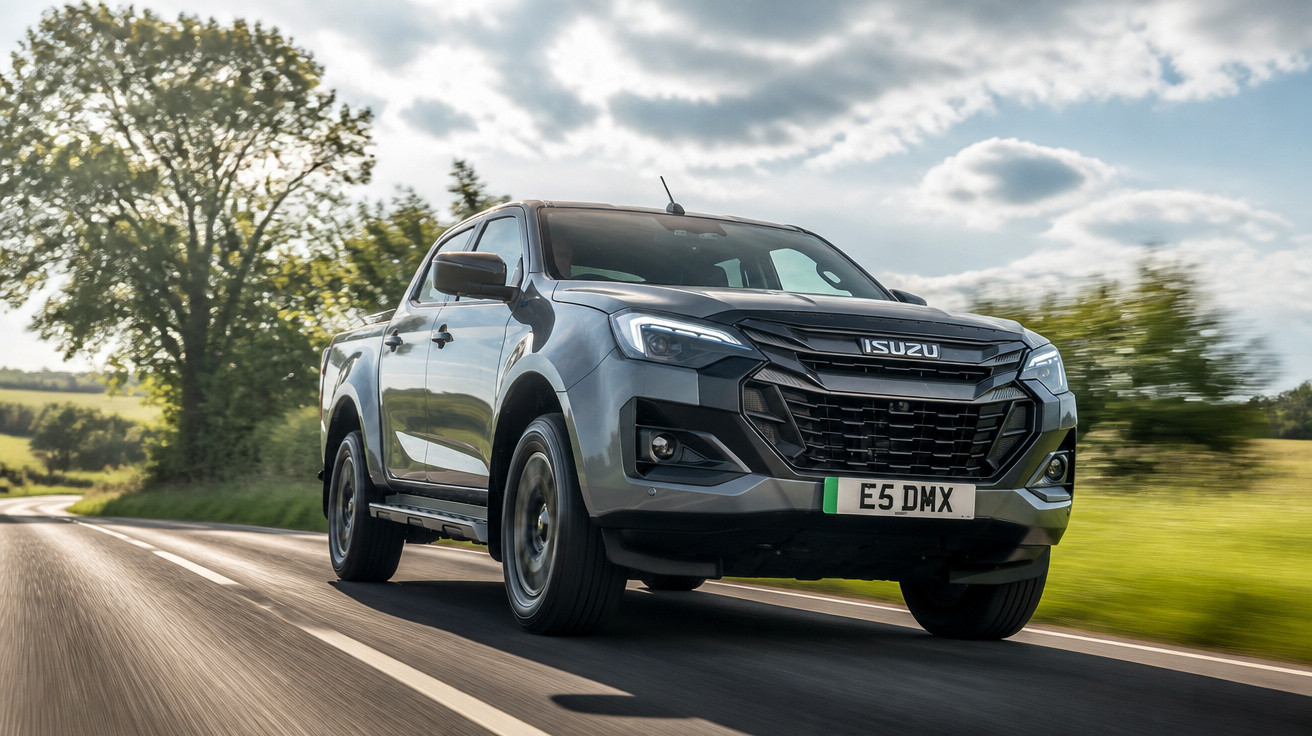 Grauer Isuzu Pickup fährt auf Landstraße bei bewölktem Himmel, umgeben von grüner Landschaft und Bäumen.