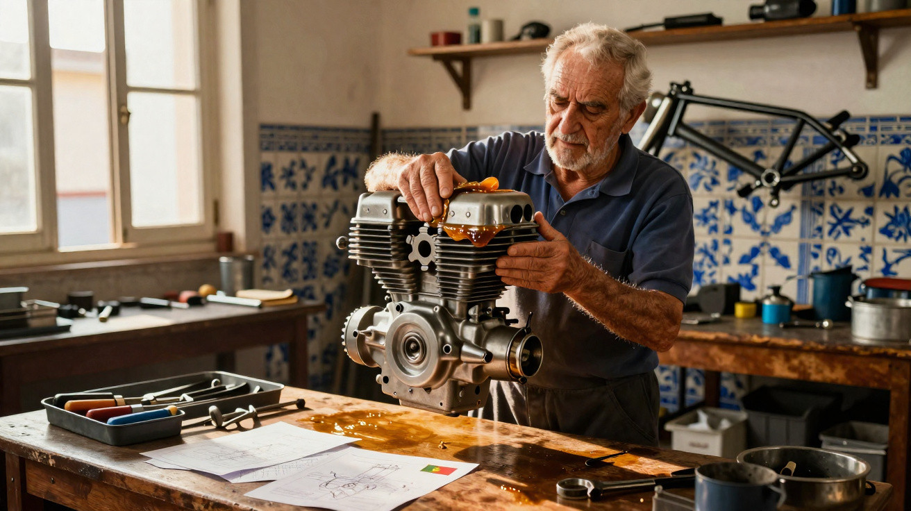 Älterer Mann montiert Motor in Werkstatt mit Werkzeugen und Zeichnungen auf Holztisch.