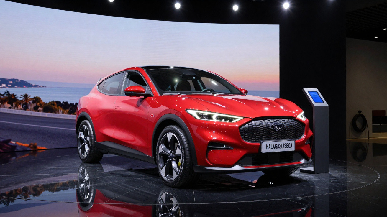Roter Ford Mustang Mach-E SUV auf glänzendem Ausstellungsboden vor großer Leinwand mit Landschaft.