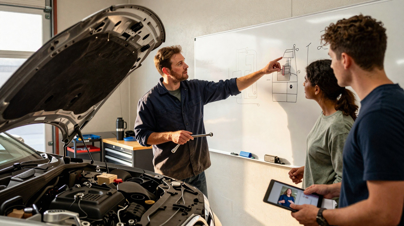 Mann erklärt technische Zeichnung am Whiteboard, zwei Personen hören zu, Auto mit offenem Motorhaube im Vordergrund.