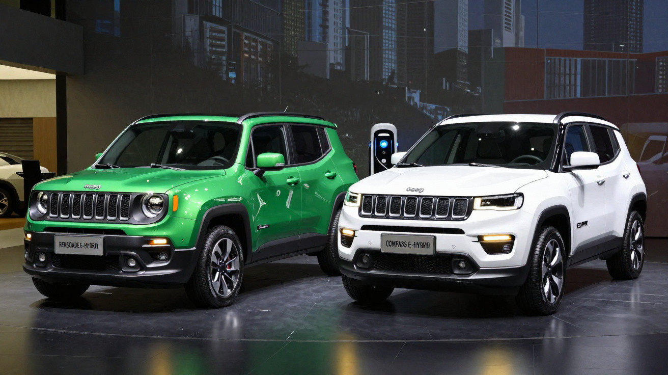 Zwei Jeep-SUVs, ein grüner Renegade und ein weißer Compass, nebeneinander in einer Ausstellungshalle.