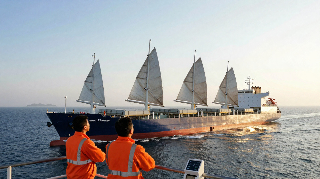 Zwei Personen in oranger Arbeitskleidung beobachten ein großes Segelschiff auf dem Meer bei Sonnenuntergang.