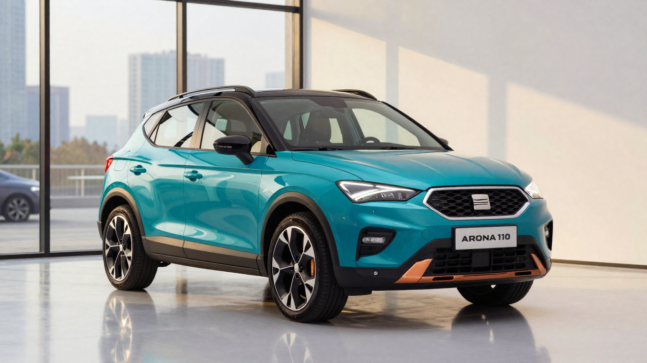 Blauer Seat Arona 110 SUV in heller Ausstellungshalle mit großen Fenstern und Stadtblick im Hintergrund.