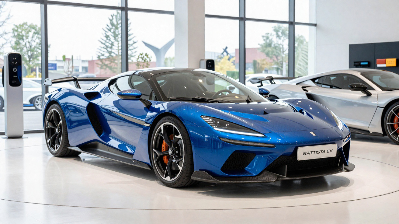 Blauer Battista EV Supersportwagen steht in einem modernen Showroom mit großen Fenstern und Ladestationen.