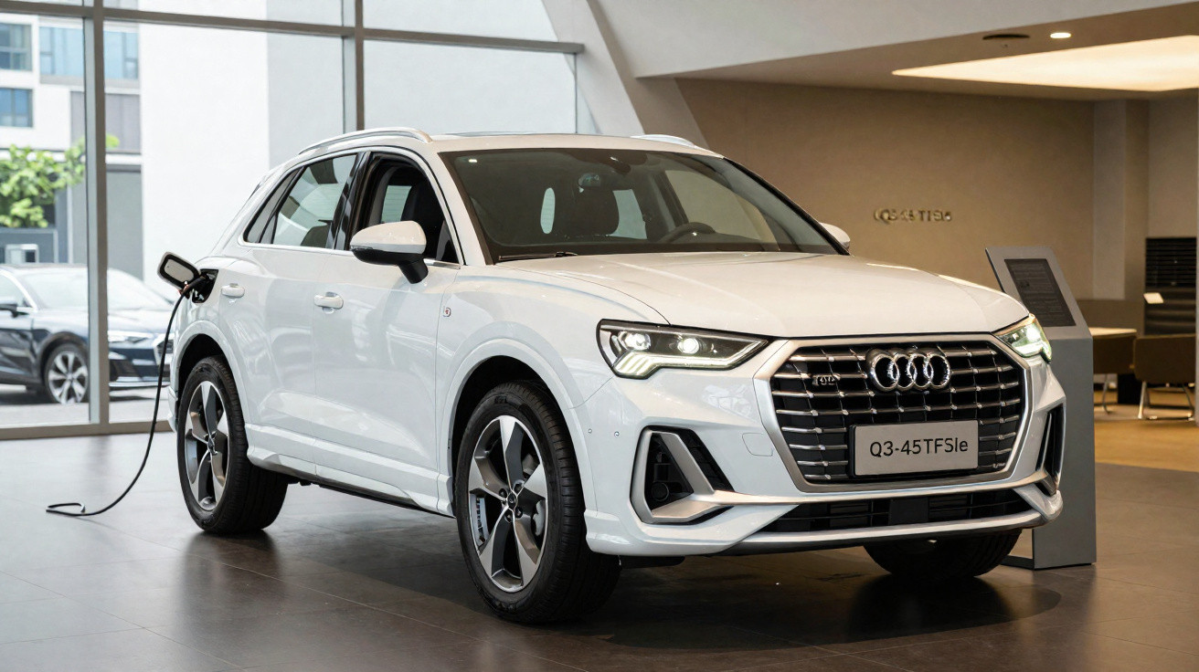Weißer Audi Q3-45 TFSIe SUV lädt in modernem Autohaus an Ladestation.