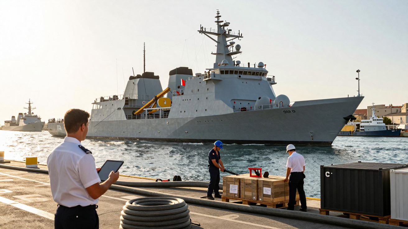 Militärisches Schiff fährt in Hafen ein, während Mannschaft an Land Frachtkisten kontrolliert.