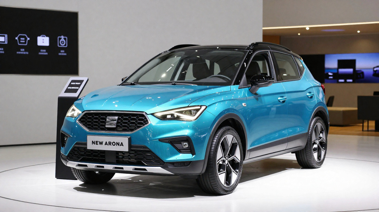 Blauer Seat New Arona SUV mit schwarzem Dach auf Messestand unter hellem Licht.