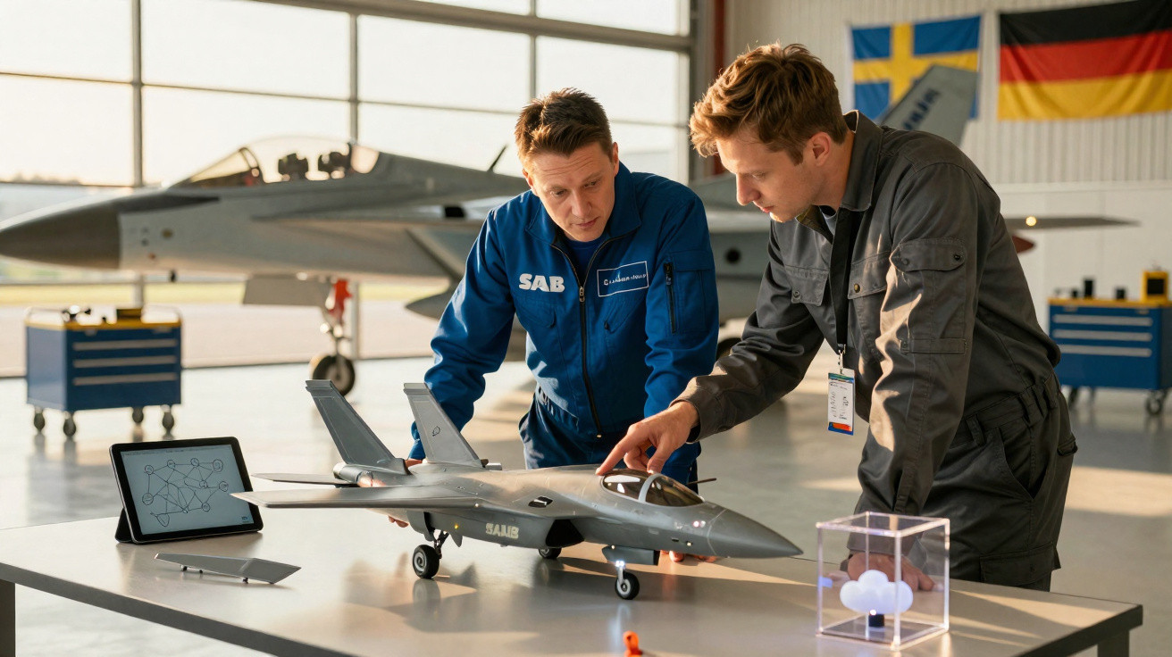 Zwei Männer diskutieren ein Modell eines Kampfflugzeugs in einem Hangar mit echtem Flugzeug im Hintergrund.