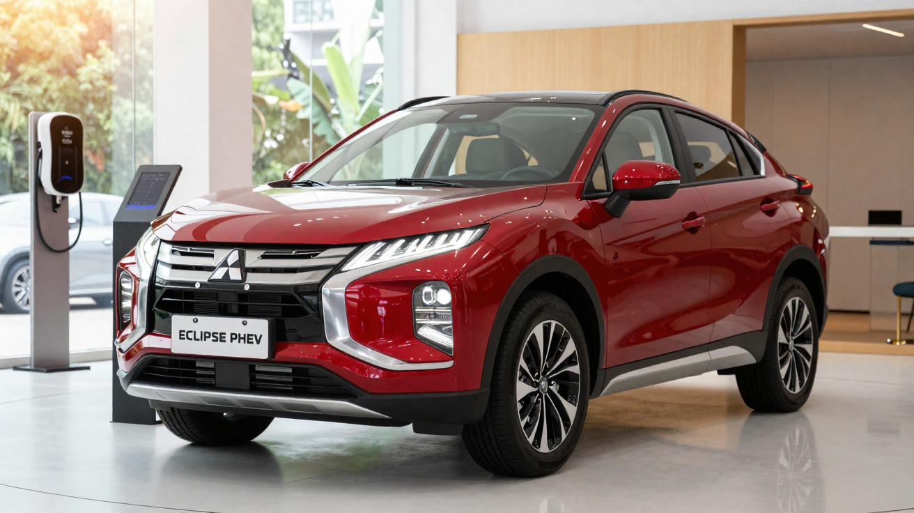 Roter Mitsubishi Eclipse PHEV SUV in einem hellen Autohaus neben einer Ladestation.
