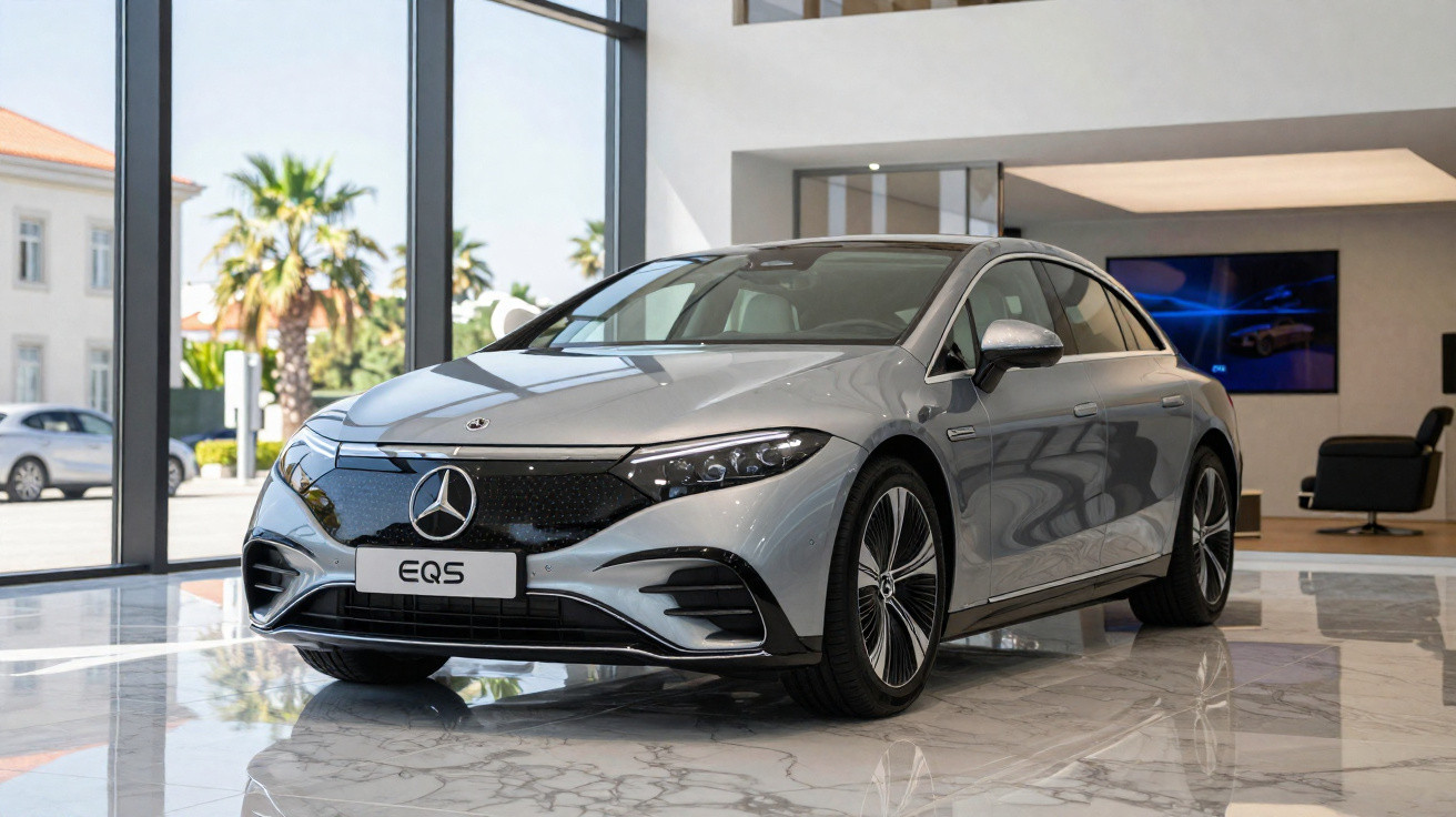 Silberner Mercedes EQS Elektroauto in einem modernen Showroom mit großen Fenstern und Marmorboden.