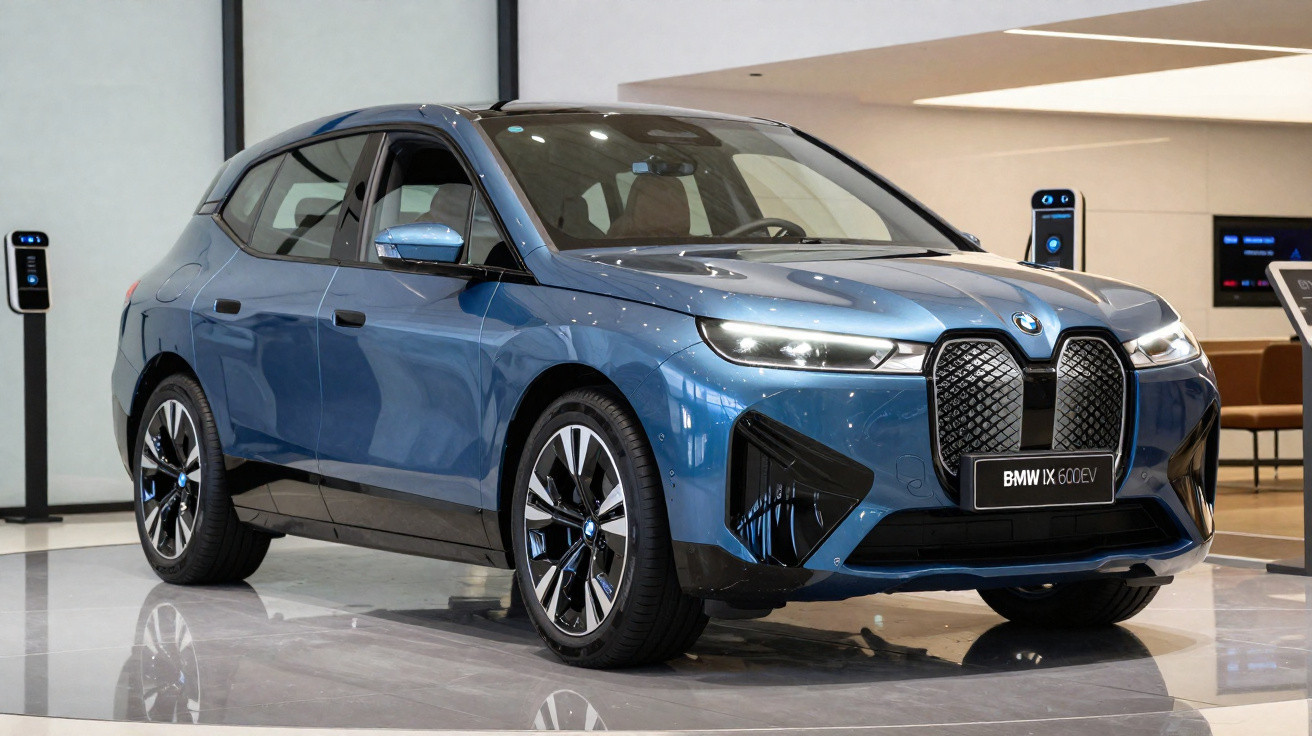 Blauer BMW iX 60 elektrische Limousine in moderner Ausstellungshalle, Ladestationen im Hintergrund.