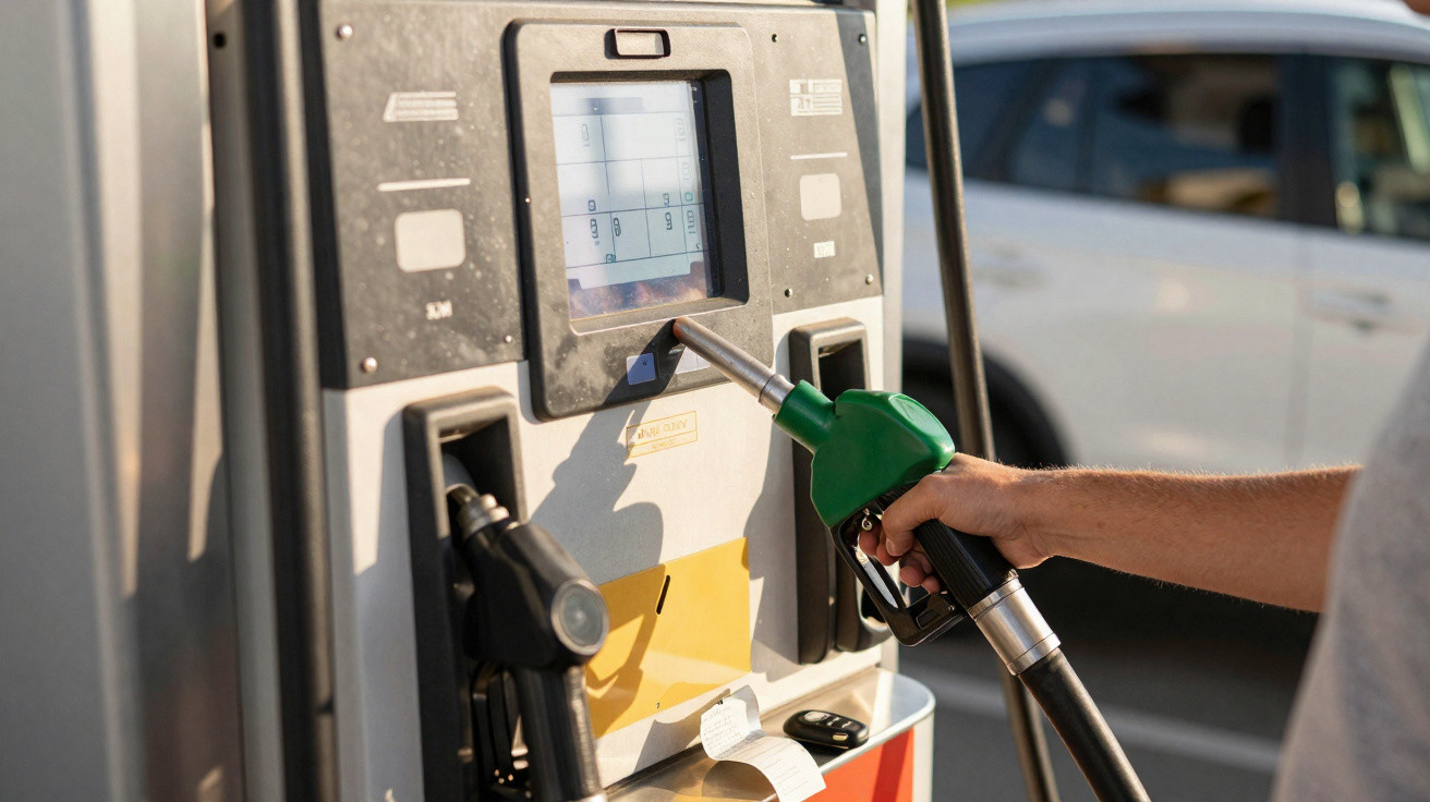 Hand hält grünen Zapfhahn an Tankstelle zum Tanken vor Benzinpreis-Anzeigetafel.