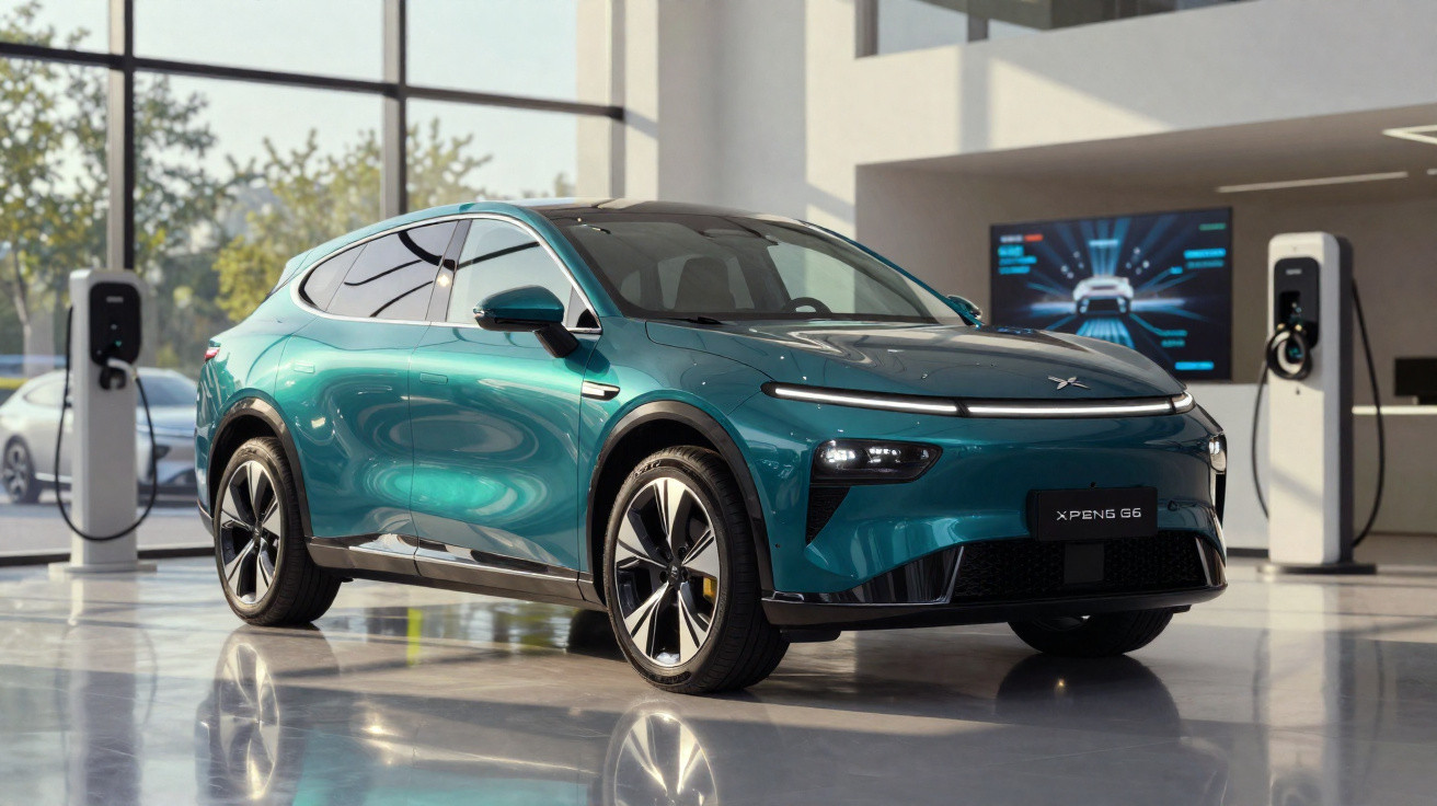 Blauer XPeng G6 Elektro-SUV im Showroom mit Ladestationen im Hintergrund.