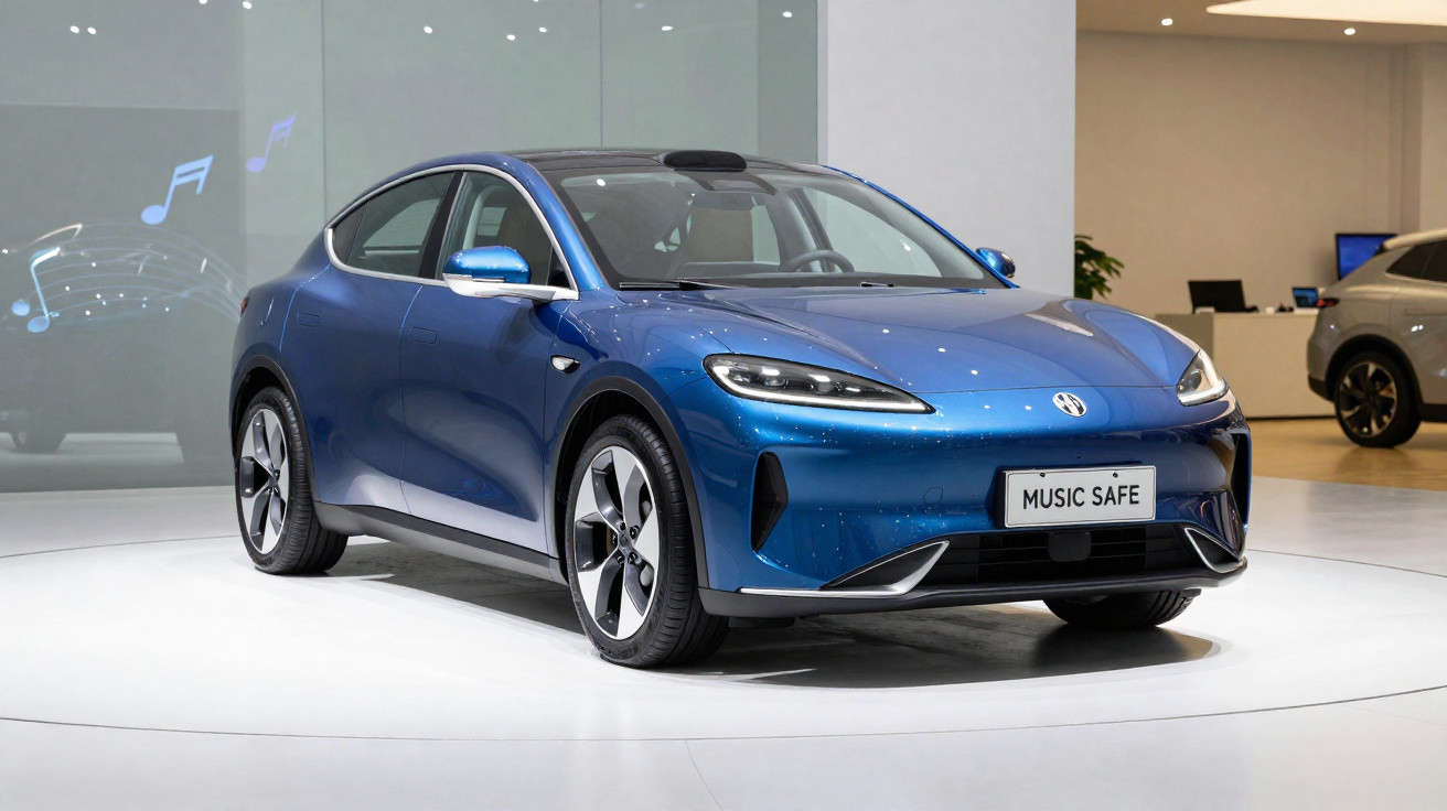 Blaues Elektroauto auf weißem Podest in heller Ausstellungshalle mit Musiknoten im Hintergrund.