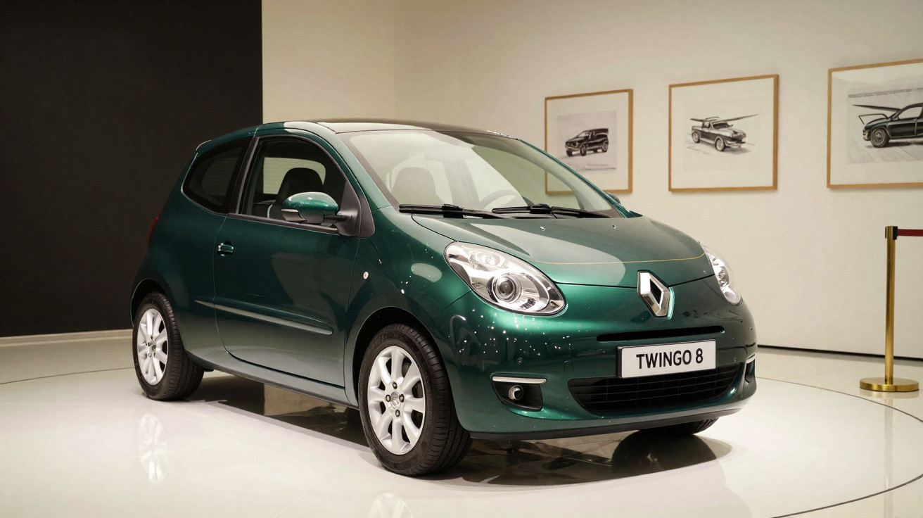Grüner Renault Twingo 8 Kleinstwagen in Ausstellung mit weißen Wänden und Autozeichnungen im Hintergrund.