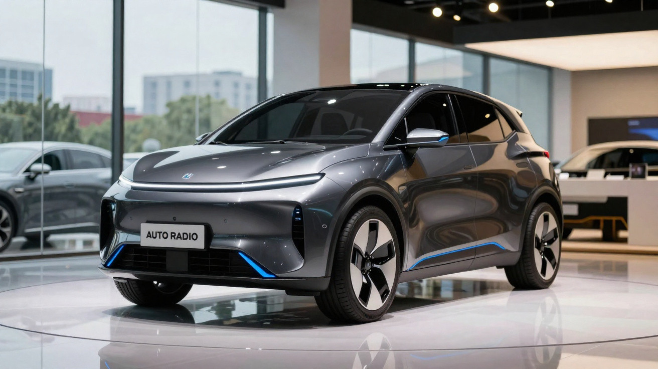 Grauer, futuristischer Elektro-SUV in Ausstellungsraum mit großen Fenstern und moderner Beleuchtung.