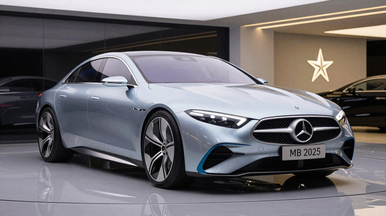 Silberner Mercedes-Benz Limousinen-Prototyp mit modernen LED-Scheinwerfern in stilvollem Showroom.
