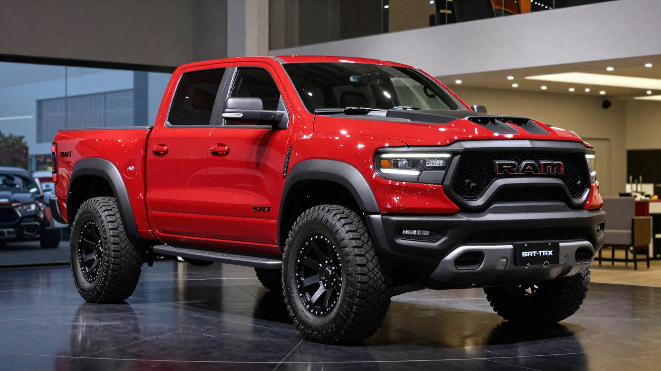 Roter RAM SRT TRX Pickup mit schwarzen Akzenten und großen Offroad-Reifen in modernem Showroom.