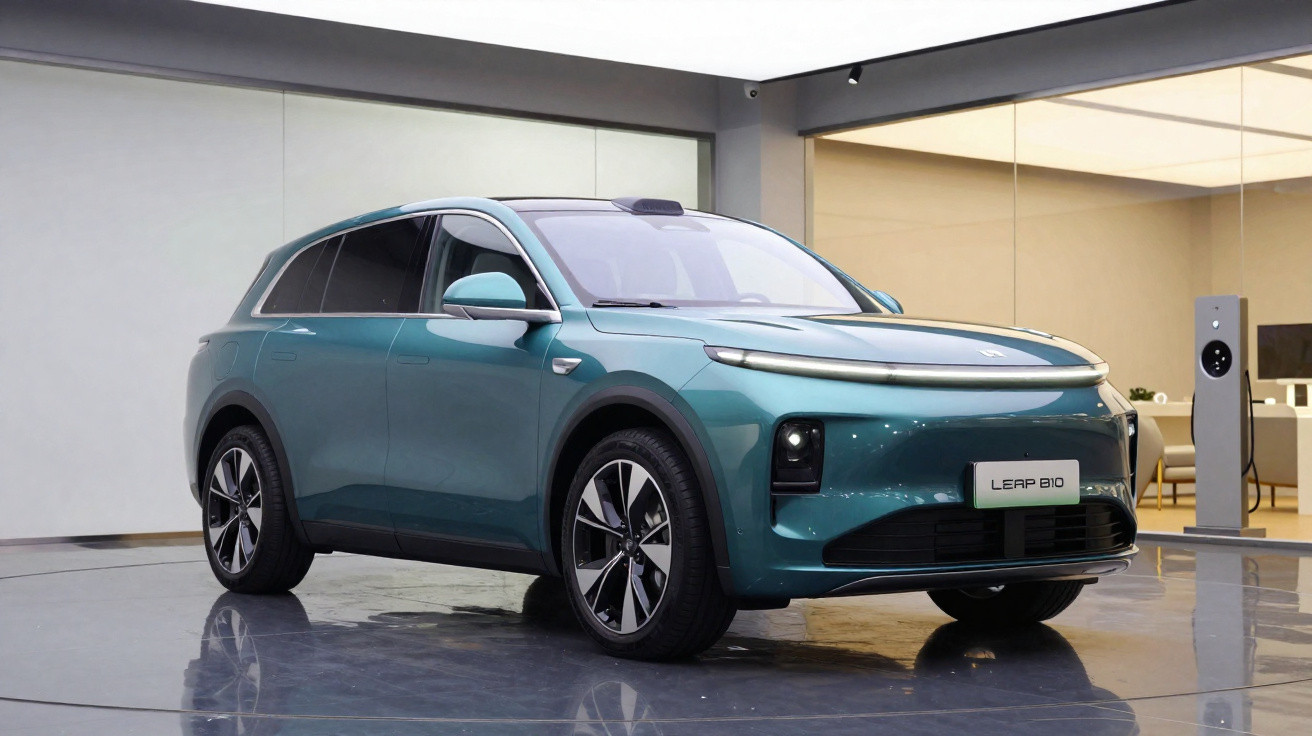 Blauer Elektro-SUV Leapmotor Leap 810 in moderner Ausstellungshalle mit reflektierendem Boden.