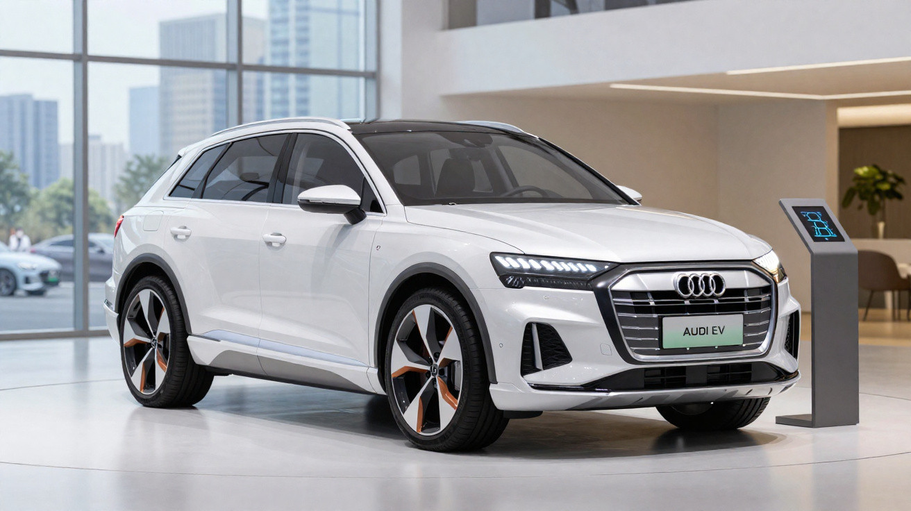 Weißes Audi Elektro-SUV steht in modernem Showroom neben digitaler Infotafel.