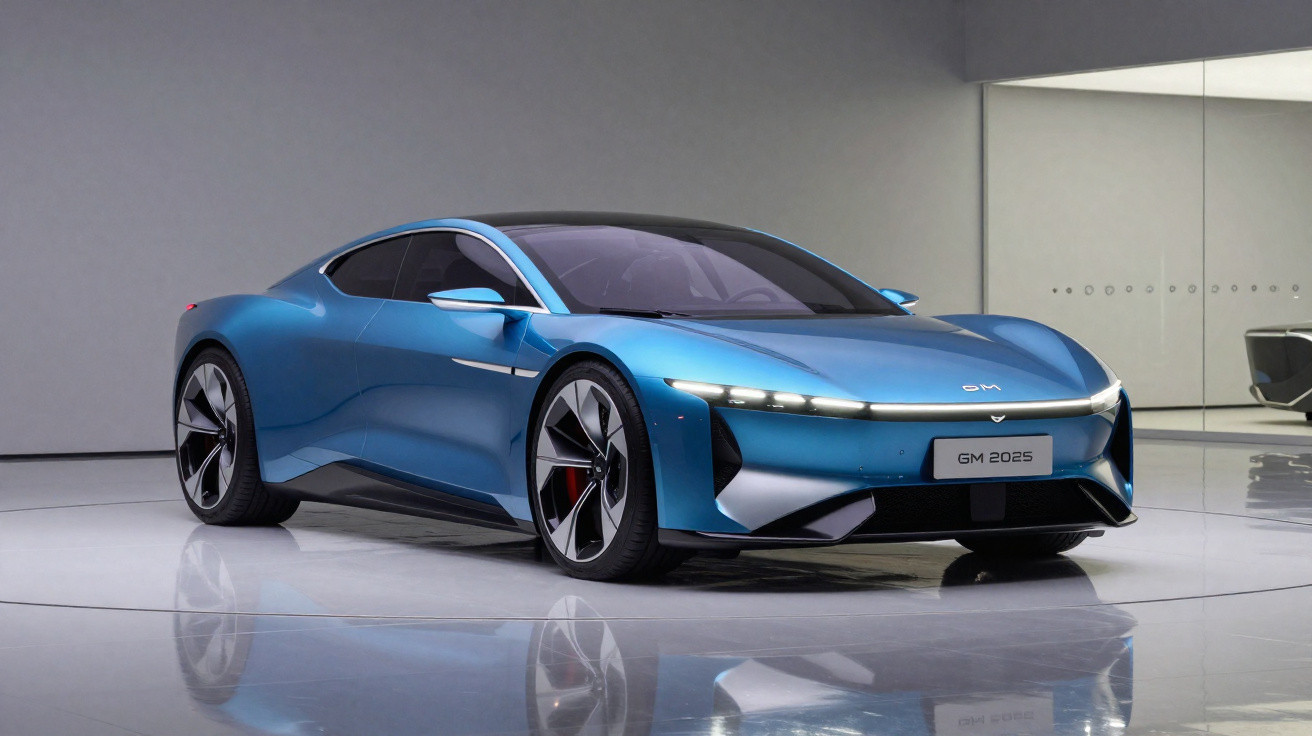 Blauer, futuristischer Elektro-Sportwagen GM 2025 in hellem, minimalistischem Ausstellungsraum stehend.