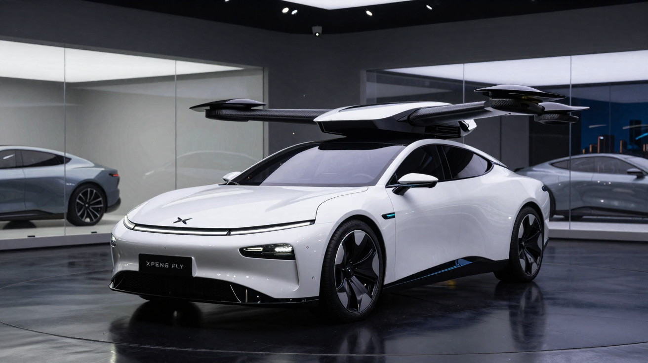 Weißes futuristisches Elektroauto mit ausgeklappten Drohnenflügeln in moderner Ausstellungshalle.
