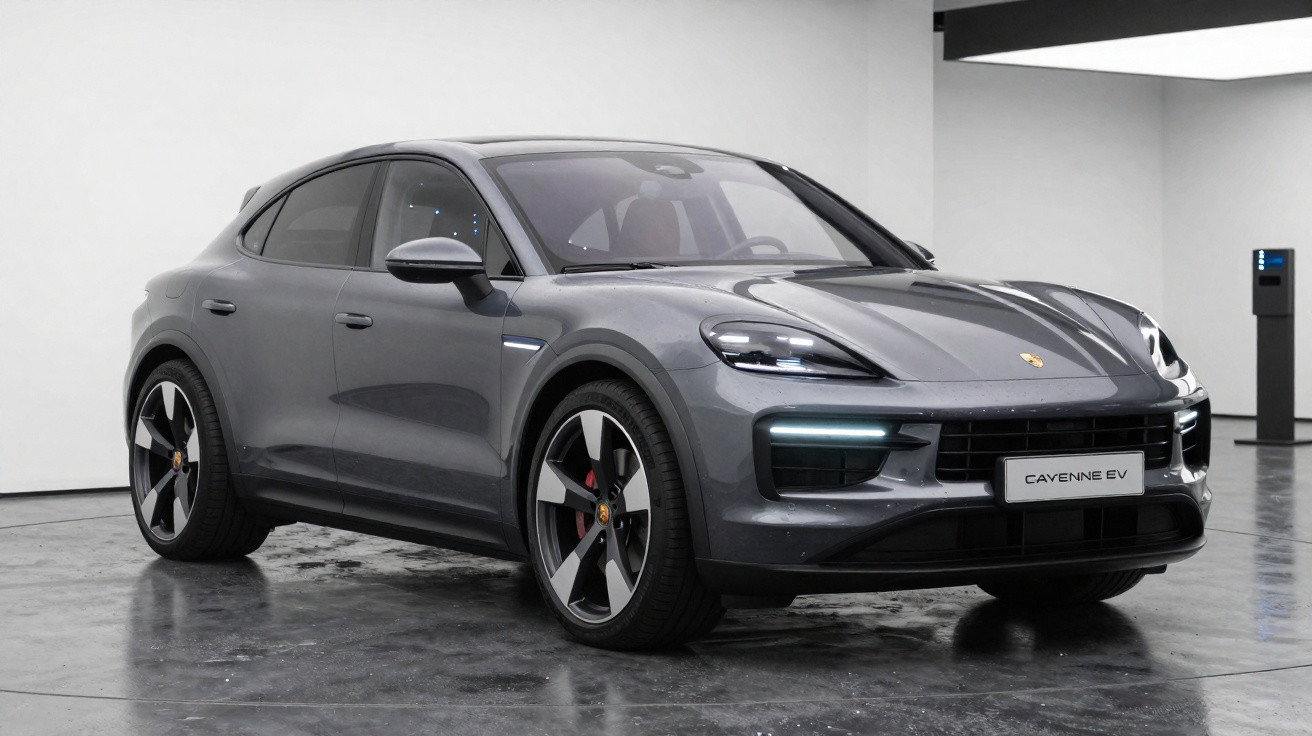 Grauer Porsche Cayenne EV Elektro-SUV in moderner Ausstellungsraum-Umgebung, frontal leicht seitlich fotografiert.
