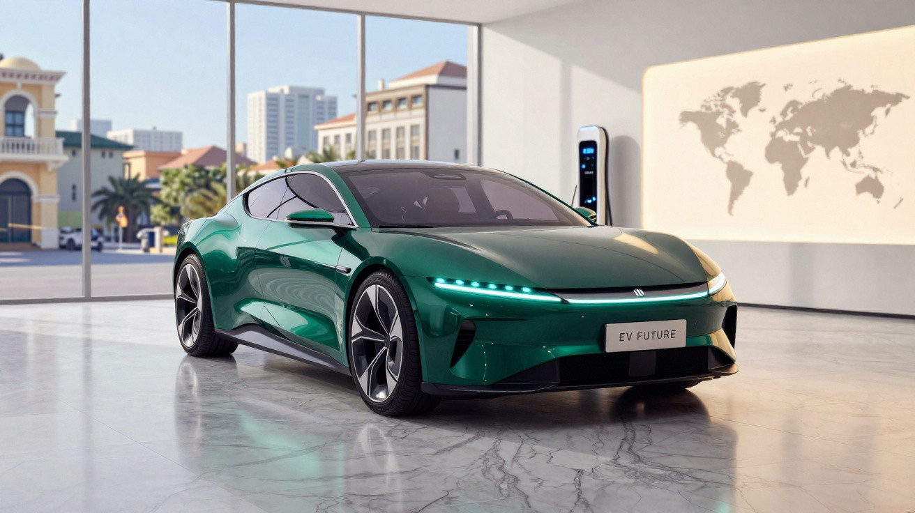 Grünes Elektroauto vor Ladestation in modernem Showroom mit großer Fensterfront und Weltkarte an der Wand.