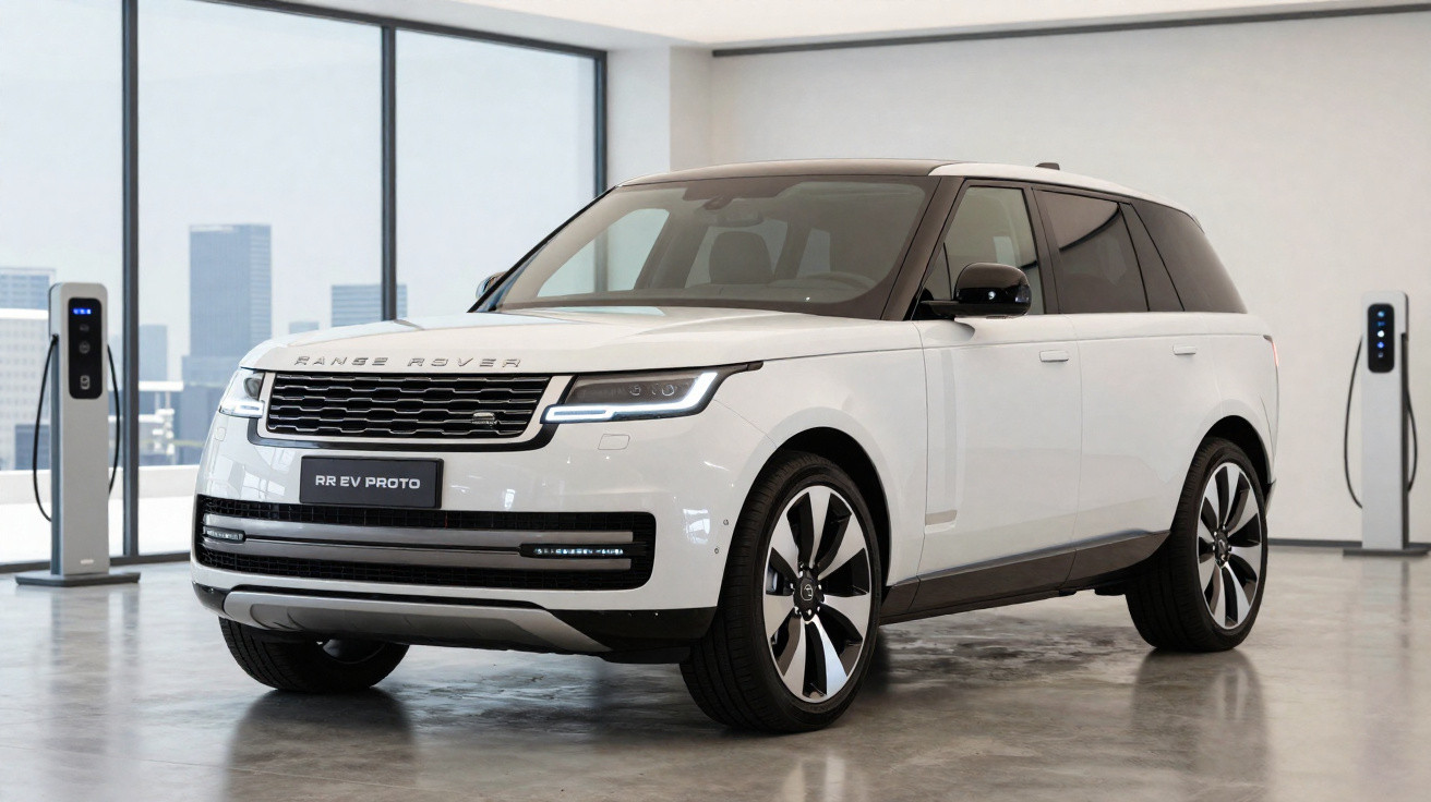 Weißer Range Rover Elektro-Prototyp in moderner Garage vor zwei Ladestationen stehend.
