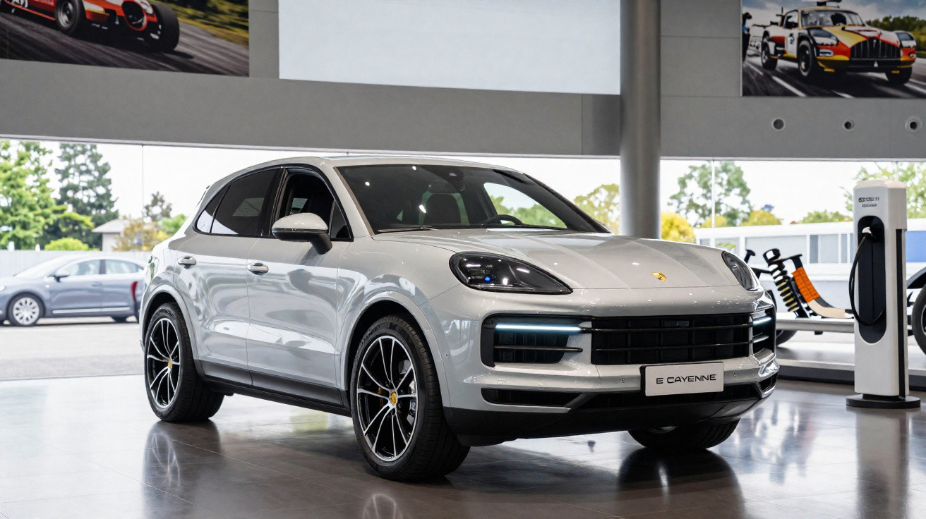 Silberfarbener Porsche Cayenne SUV in einem Showroom mit moderner Ausstattung und großen Fenstern.