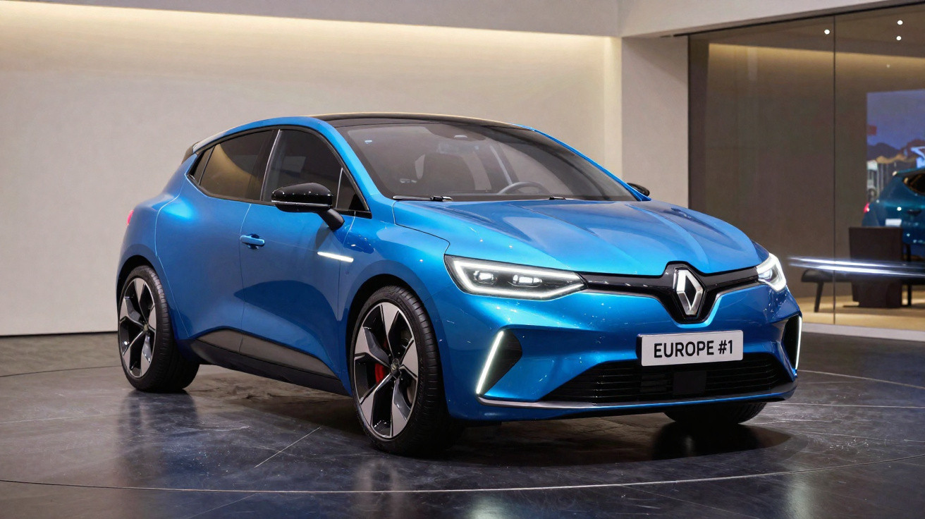 Blauer Renault Elektroauto auf Ausstellung mit EU-Nummernschild "EUROPE #1" vor hellgrauer Wand.