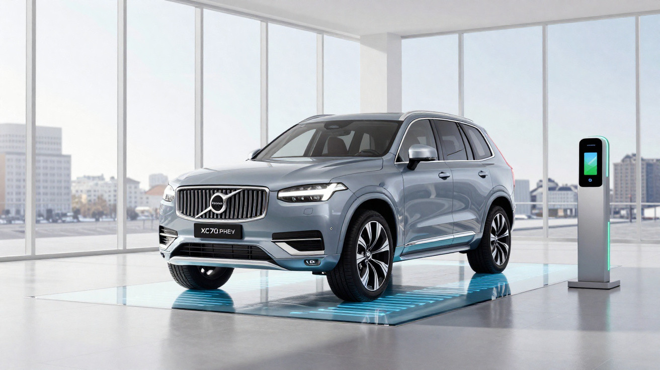 Silberner Volvo XC70 PHEV SUV steht in modernem Showroom neben einer Ladestation.