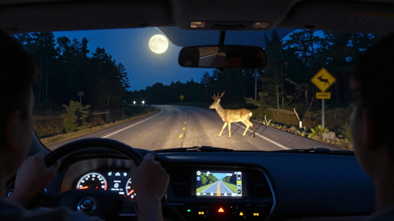 Blick aus dem Auto auf einen Hirsch, der nachts bei Vollmond eine Straße überquert.