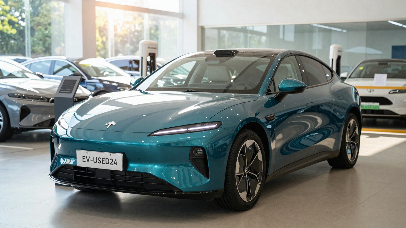 Blauer elektrischer Kia EV6 in einem hellen Autohaus mit großen Fenstern und weiteren Autos im Hintergrund.