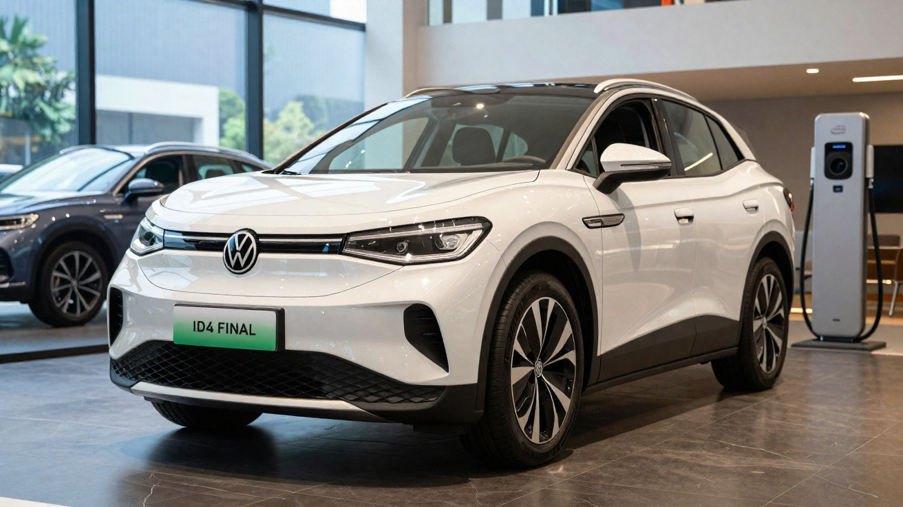 Weißer Volkswagen ID.4 Elektro-SUV in einem Showroom neben einer Ladestation.