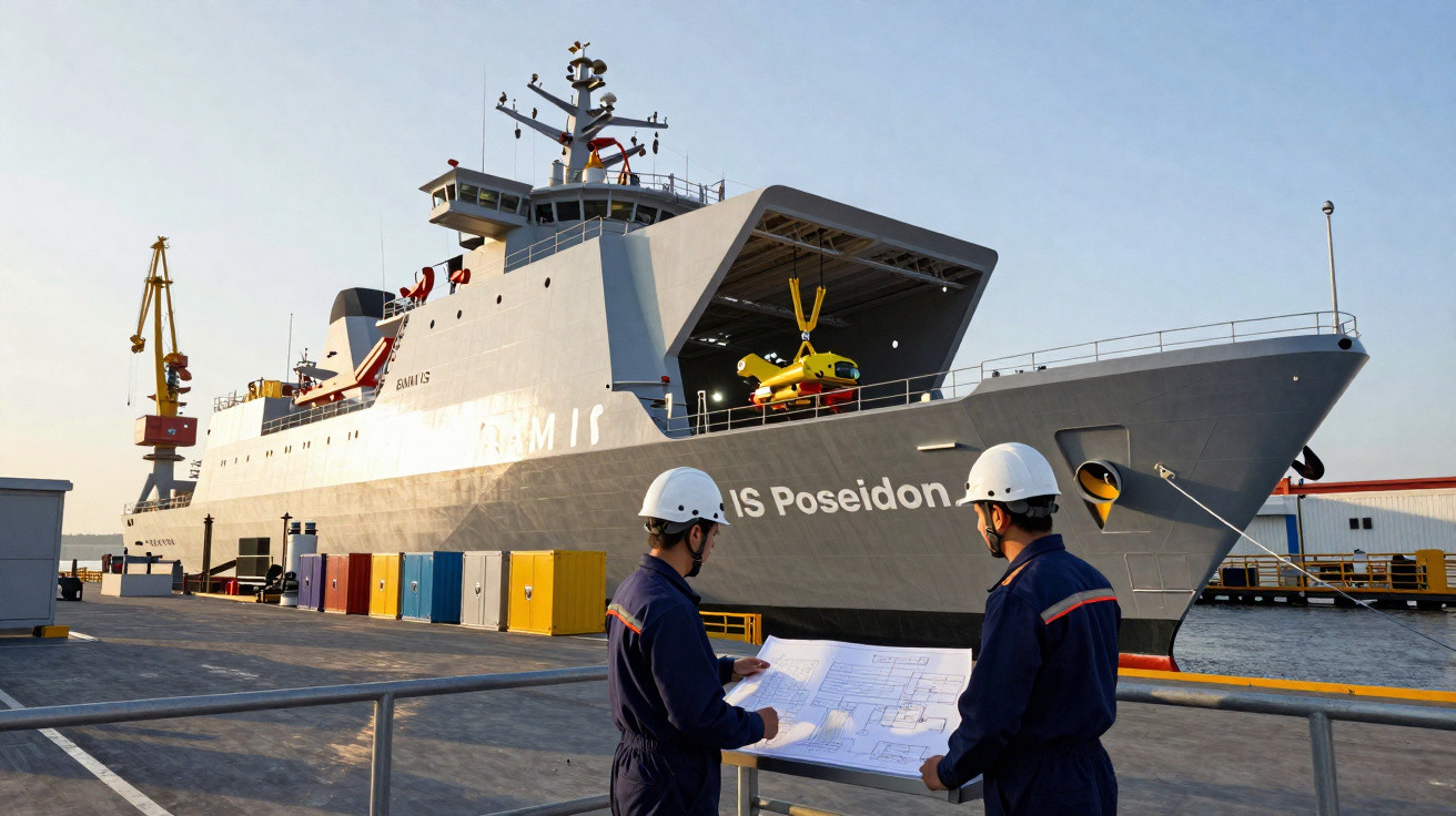 Zwei Arbeiter mit Bauplänen stehen am Hafen vor dem Marineschiff „Poseidon“ bei Sonnenuntergang.