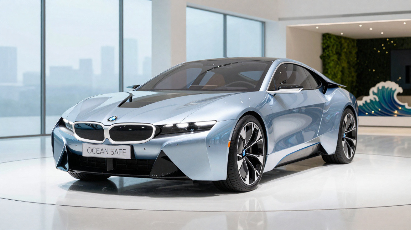 Silberblauer BMW i8 Sportwagen steht in modernem Showroom mit großen Fenstern und Kunstinstallation.