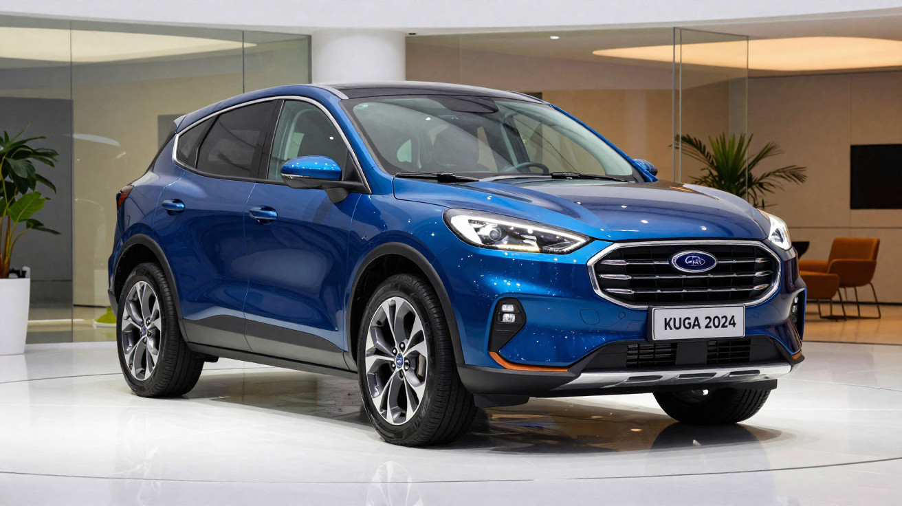 Blauer Ford Kuga 2024 SUV in moderner Ausstellung mit Glaswänden und Pflanzen im Hintergrund