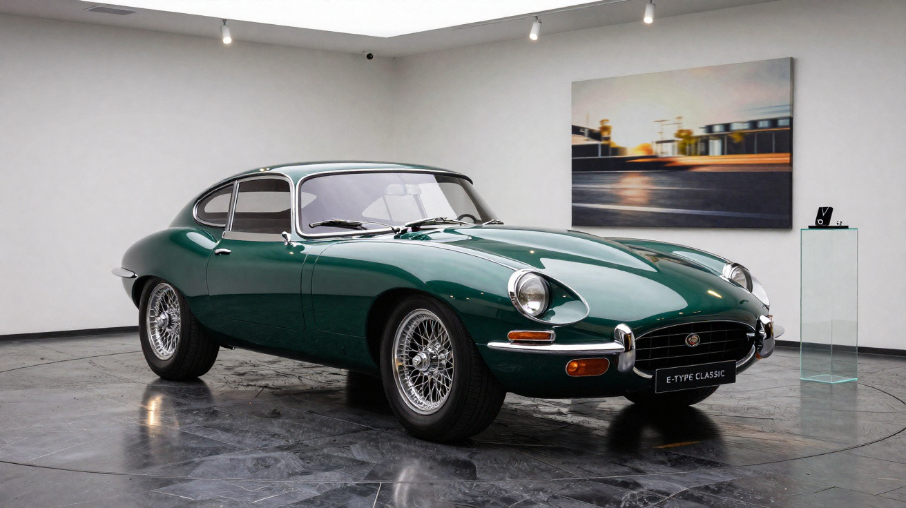 Grüner Jaguar E-Type Classic Oldtimer in einem modernen, minimalistischen Ausstellungsraum mit grauem Boden und Wandkunst.