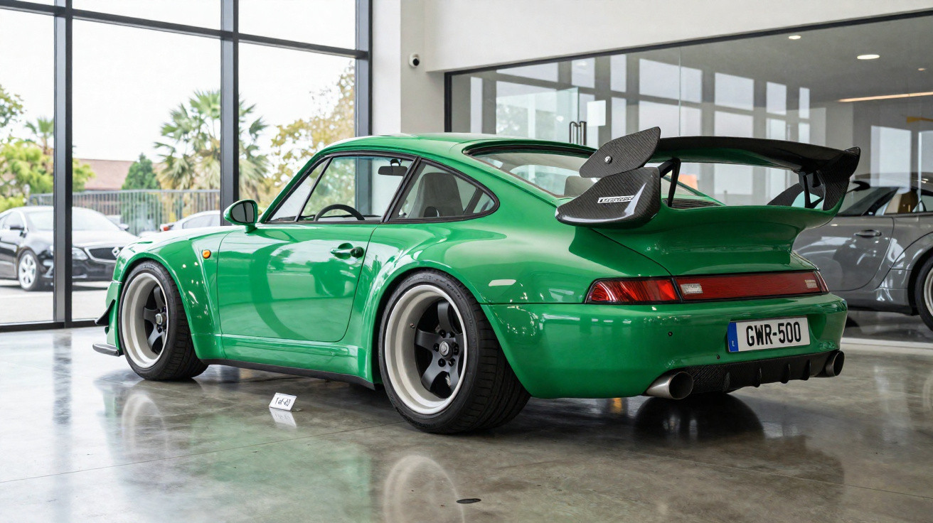 Grüner Porsche 911 mit großem Heckspoiler in moderner Ausstellungshalle auf glänzendem Betonboden.