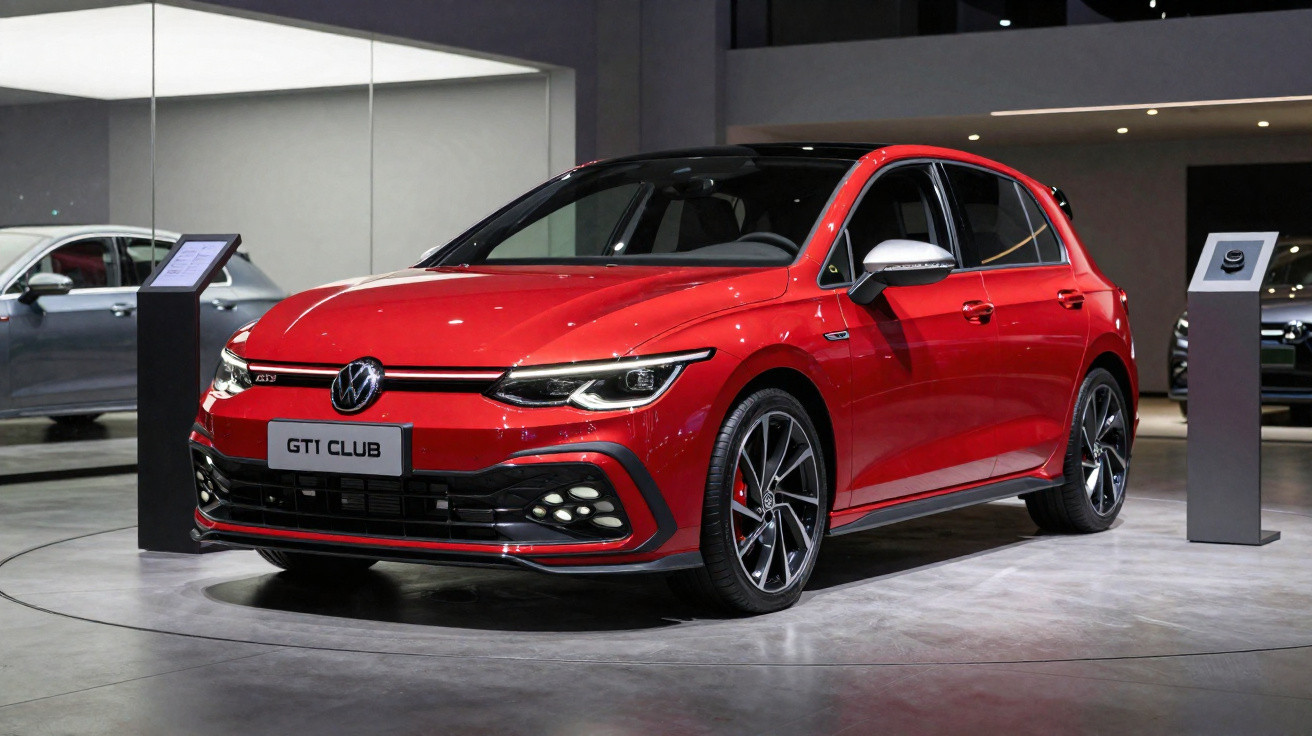 Roter Volkswagen GTI Club als Fünftürer in moderner Ausstellungshalle mit Spiegelwand.